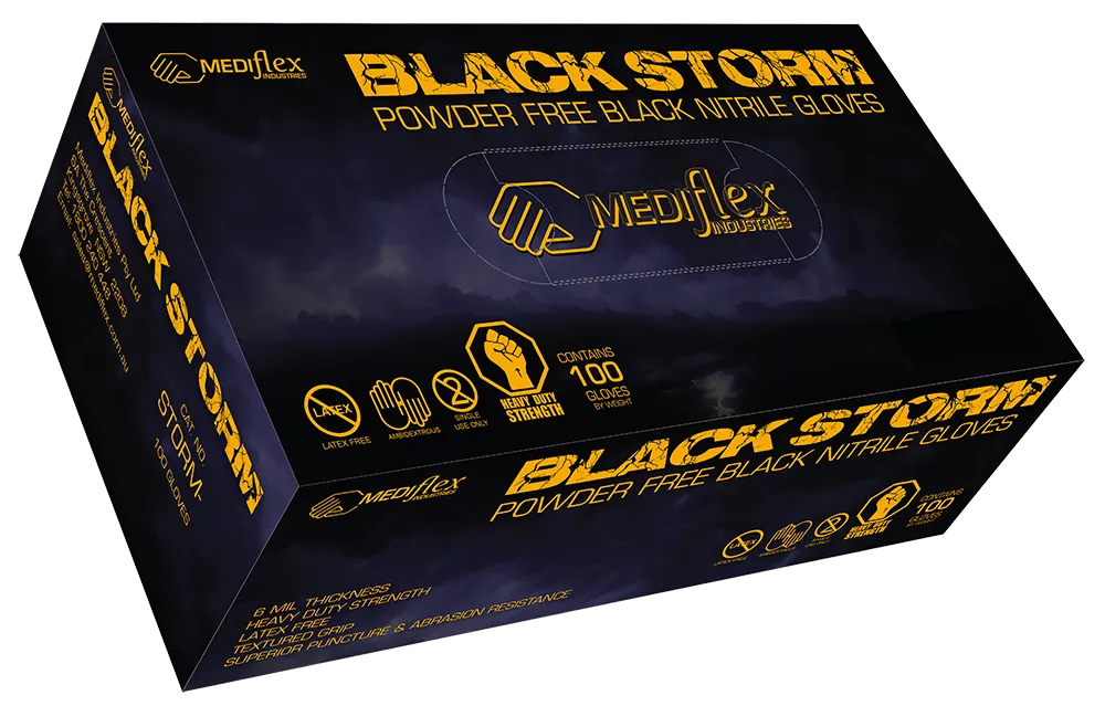 Black Storm box of powder free black nitrile gloves by Mediflex with 100 gloves inside